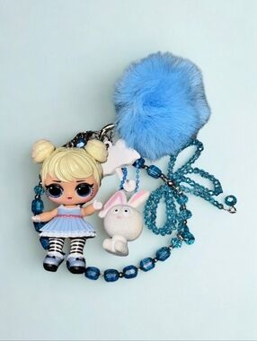 Blue Pom Pom LOL Doll Keychain with Bunny Charm - Cute Accessory